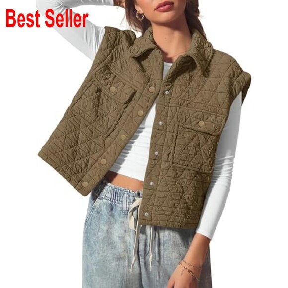 Quilted Puffer Vest Sleeveless Jacket Chic Minimal Button Down Outerwear - Picture 5 of 7